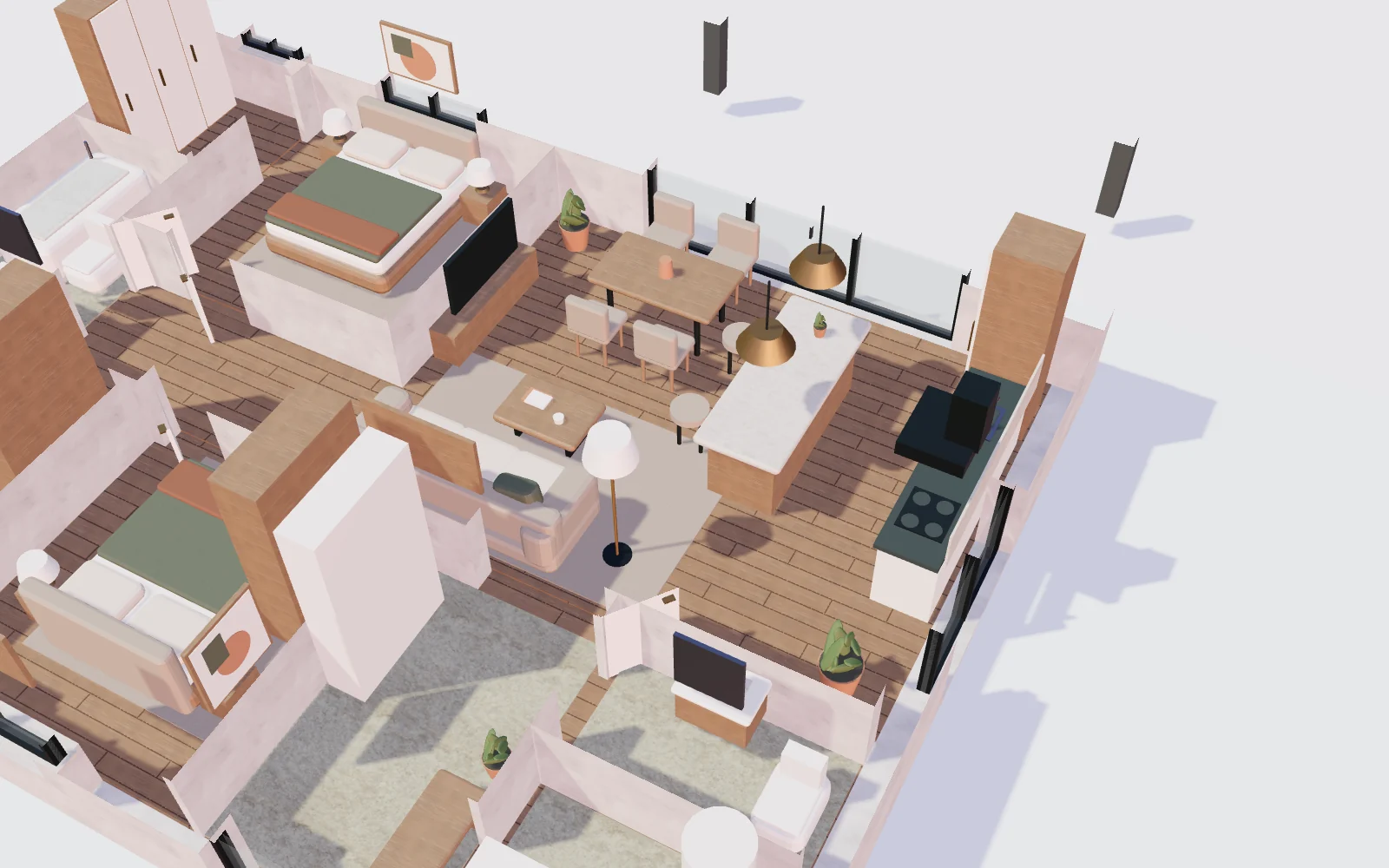 Three-dimensional kitchen and living room in the interactive model